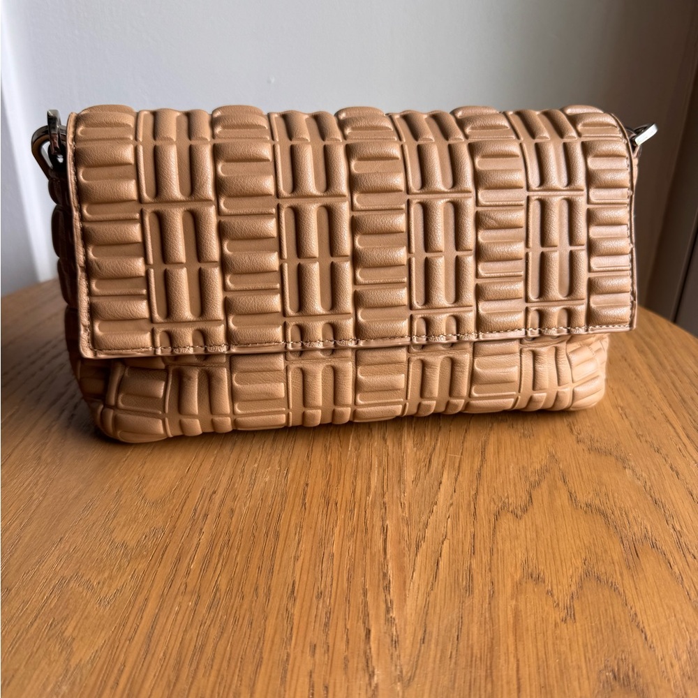 Mango Tan Woven Clutch with Flap Closure